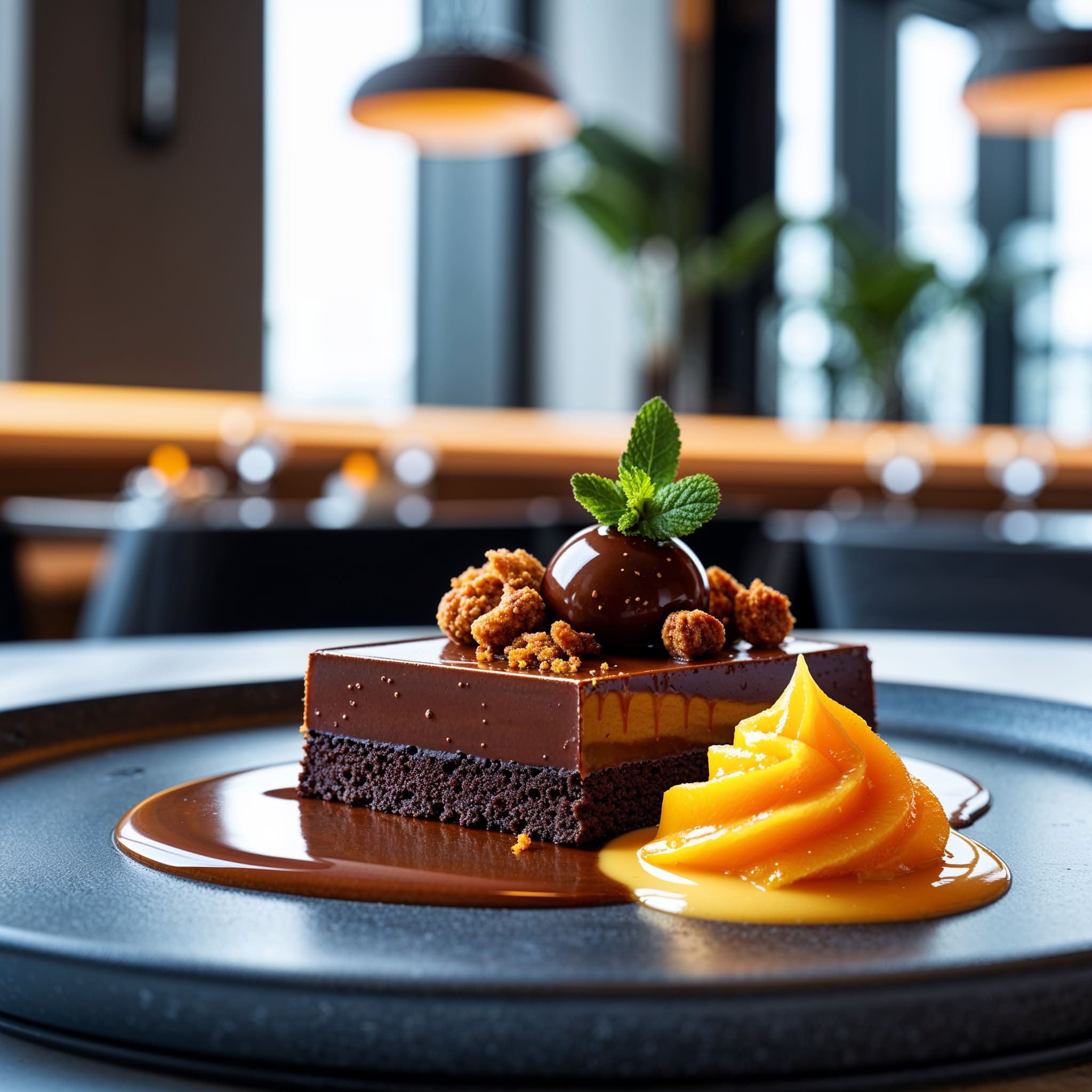 tarta_choco_caramelo_almendras_y_sorbete_naranja